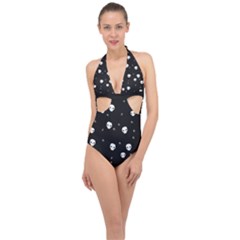 Pattern Skull Stars Halloween Gothic on black background Halter Front Plunge Swimsuit