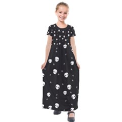 Pattern Skull Stars Halloween Gothic on black background Kids  Short Sleeve Maxi Dress