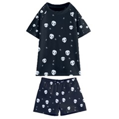 Pattern Skull Stars Halloween Gothic on black background Kids  Swim Tee and Shorts Set