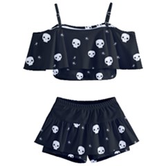 Pattern Skull Stars Halloween Gothic on black background Kids  Off Shoulder Skirt Bikini