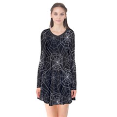 Pattern Spiderweb Halloween Gothic On Black Background Long Sleeve V-neck Flare Dress