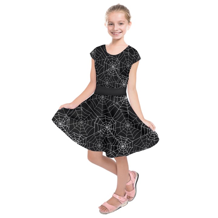 Pattern Spiderweb Halloween Gothic on black background Kids  Short Sleeve Dress