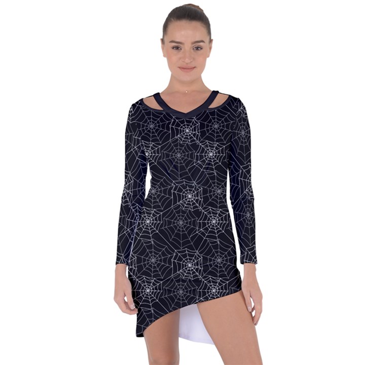 Pattern Spiderweb Halloween Gothic on black background Asymmetric Cut-Out Shift Dress
