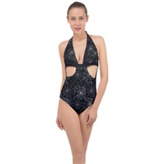 Pattern Spiderweb Halloween Gothic on black background Halter Front Plunge Swimsuit