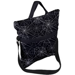 Pattern Spiderweb Halloween Gothic on black background Fold Over Handle Tote Bag