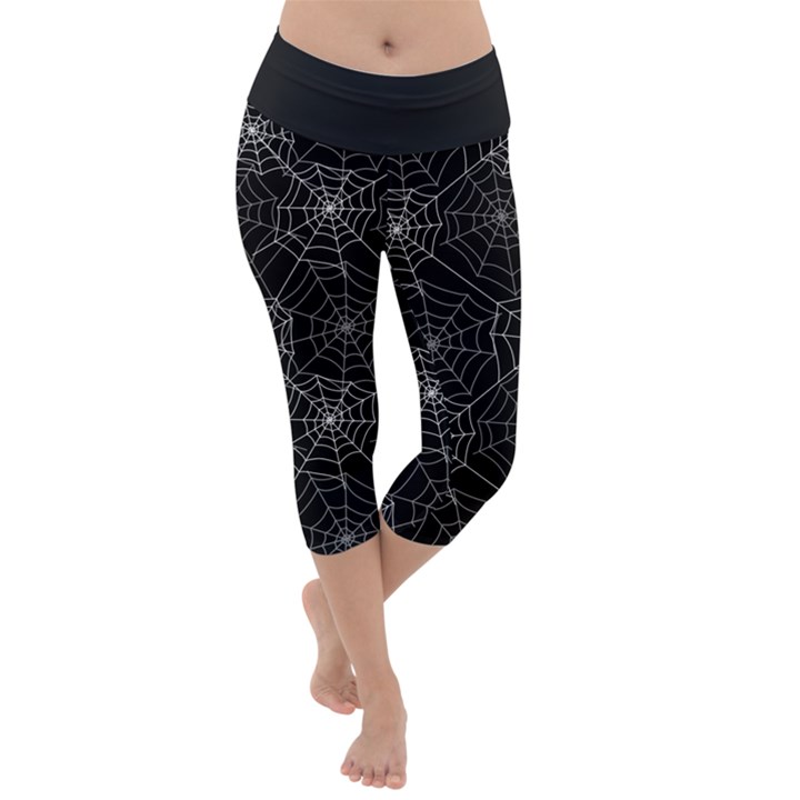 Pattern Spiderweb Halloween Gothic on black background Lightweight Velour Capri Yoga Leggings