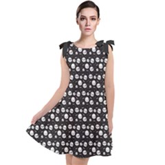 Pattern Skull Bones Halloween Gothic On Black Background Tie Up Tunic Dress by genx