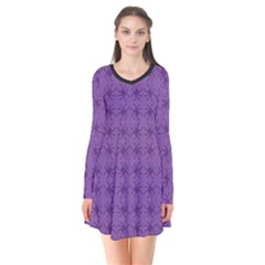 Pattern Spiders Purple And Black Halloween Gothic Modern Long Sleeve V-neck Flare Dress