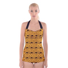 Pattern Pumpkin Spider Vintage Halloween Gothic orange and black Boyleg Halter Swimsuit 