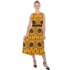 Pattern Pumpkin Spider Vintage Halloween Gothic orange and black Midi Tie-Back Chiffon Dress