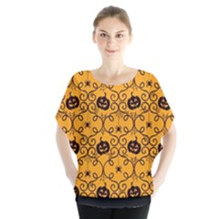 Pattern Pumpkin Spider Vintage Halloween Gothic orange and black Batwing Chiffon Blouse