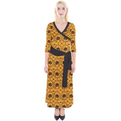 Pattern Pumpkin Spider Vintage Halloween Gothic orange and black Quarter Sleeve Wrap Maxi Dress