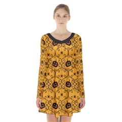 Pattern Pumpkin Spider Vintage Halloween Gothic orange and black Long Sleeve Velvet V-neck Dress