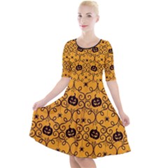 Pattern Pumpkin Spider Vintage Halloween Gothic orange and black Quarter Sleeve A-Line Dress