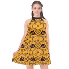 Pattern Pumpkin Spider Vintage Halloween Gothic Orange And Black Halter Neckline Chiffon Dress  by genx