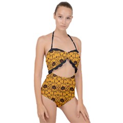 Pattern Pumpkin Spider Vintage Halloween Gothic orange and black Scallop Top Cut Out Swimsuit