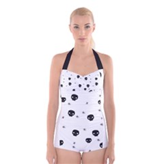 Pattern Skull Stars Handrawn Naive Halloween Gothic black and white Boyleg Halter Swimsuit 