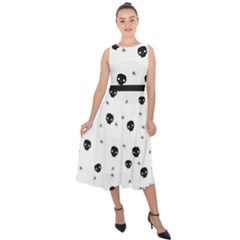 Pattern Skull Stars Handrawn Naive Halloween Gothic black and white Midi Tie-Back Chiffon Dress