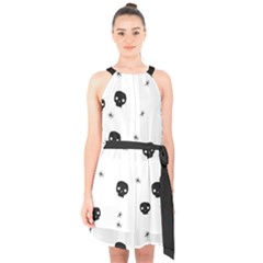 Pattern Skull Stars Handrawn Naive Halloween Gothic black and white Halter Collar Waist Tie Chiffon Dress