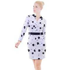 Pattern Skull Stars Handrawn Naive Halloween Gothic black and white Button Long Sleeve Dress
