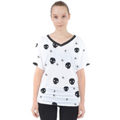 Pattern Skull Stars Handrawn Naive Halloween Gothic black and white V-Neck Dolman Drape Top