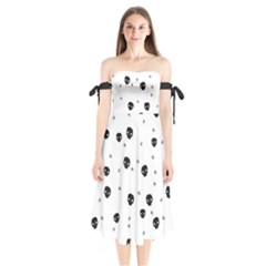 Pattern Skull Stars Handrawn Naive Halloween Gothic Black And White Shoulder Tie Bardot Midi Dress by genx