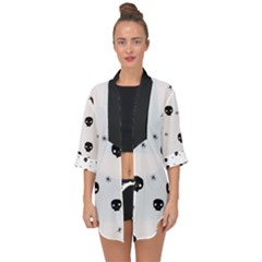 Pattern Skull Stars Handrawn Naive Halloween Gothic Black And White Open Front Chiffon Kimono by genx