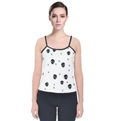 Pattern Skull Stars Handrawn Naive Halloween Gothic black and white Velvet Spaghetti Strap Top