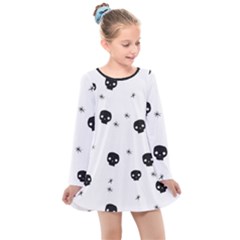 Pattern Skull Stars Handrawn Naive Halloween Gothic Black And White Kids  Long Sleeve Dress by genx