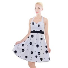 Pattern Skull Stars Handrawn Naive Halloween Gothic Black And White Halter Party Swing Dress  by genx