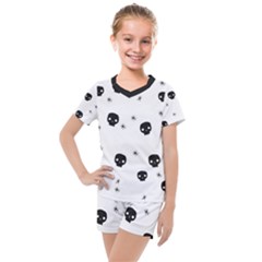 Pattern Skull Stars Handrawn Naive Halloween Gothic black and white Kids  Mesh Tee and Shorts Set