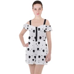 Pattern Skull Stars Handrawn Naive Halloween Gothic black and white Ruffle Cut Out Chiffon Playsuit