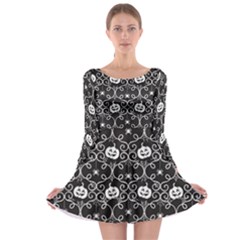 Pattern Pumpkin Spider Vintage Gothic Halloween Black And White Long Sleeve Skater Dress by genx