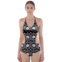 Pattern Pumpkin Spider Vintage gothic Halloween black and white Cut-Out One Piece Swimsuit