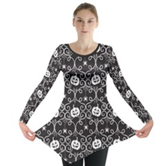 Pattern Pumpkin Spider Vintage Gothic Halloween Black And White Long Sleeve Tunic 