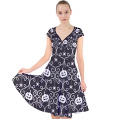 Pattern Pumpkin Spider Vintage gothic Halloween black and white Cap Sleeve Front Wrap Midi Dress