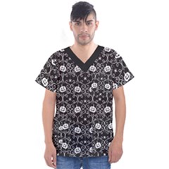 Pattern Pumpkin Spider Vintage gothic Halloween black and white Men s V-Neck Scrub Top