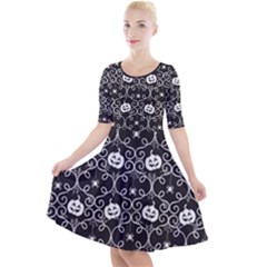 Pattern Pumpkin Spider Vintage gothic Halloween black and white Quarter Sleeve A-Line Dress