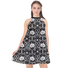 Pattern Pumpkin Spider Vintage Gothic Halloween Black And White Halter Neckline Chiffon Dress  by genx