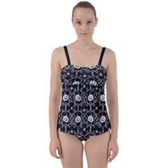 Pattern Pumpkin Spider Vintage gothic Halloween black and white Twist Front Tankini Set