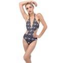 Pattern Pumpkin Spider Vintage gothic Halloween black and white Plunging Cut Out Swimsuit View1