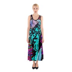 Graffiti Woman And Monsters Turquoise Cyan And Purple Bright Urban Art With Stars Sleeveless Maxi Dress by genx