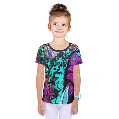 Graffiti Woman And Monsters Turquoise Cyan And Purple Bright Urban Art With Stars Kids  One Piece Tee by genx