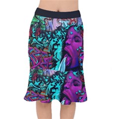 Graffiti Woman And Monsters Turquoise Cyan And Purple Bright Urban Art With Stars Mermaid Skirt by genx