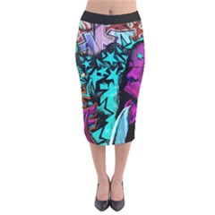 Graffiti Woman And Monsters Turquoise Cyan And Purple Bright Urban Art With Stars Velvet Midi Pencil Skirt by genx