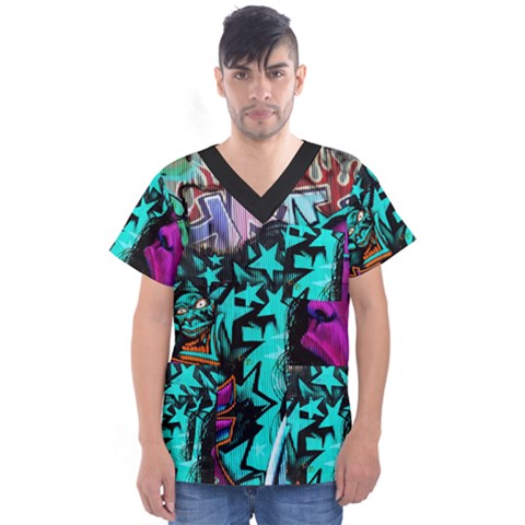 Graffiti Woman And Monsters Turquoise Cyan And Purple Bright Urban Art With Stars Men s V-neck Scrub Top by genx