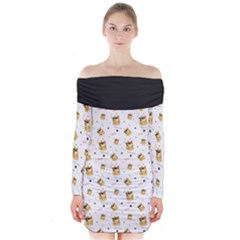 Doge Much Thug WOW Pattern Funny Kekistan Meme dog White Long Sleeve Off Shoulder Dress