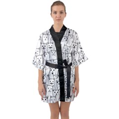 Funny Cat Pattern Organic Style Minimalist On White Background Quarter Sleeve Kimono Robe by genx