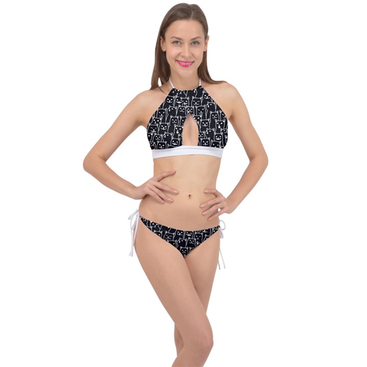 Funny Cat Pattern organic style minimalist on black background Cross Front Halter Bikini Set