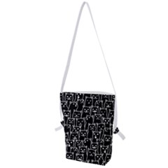 Funny Cat Pattern Organic Style Minimalist On Black Background Folding Shoulder Bag by genx